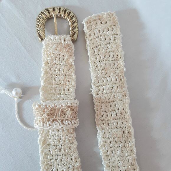 Boho Hancrafted Crochet Cream Belt XL Waist Statement Buckle Beige Net Covering - Picture 6 of 10